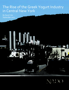 Cover of report, showing trucks entering and leaving Chobani yogurt production facility in central New York
