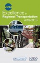Report cover of 2013 Excellence in Regional Transportation Awards booklet, showing a transit vehicle, public meeting, and pedestrian bridge
