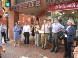 Peer exchange participants toured downtown Portsmouth to learn about local economic development, streetscape improvements, and coastal resilience efforts in the city.  
