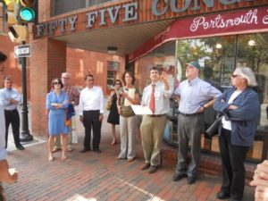 Peer exchange participants toured downtown Portsmouth to learn about local economic development, streetscape improvements, and coastal resilience efforts in the city.