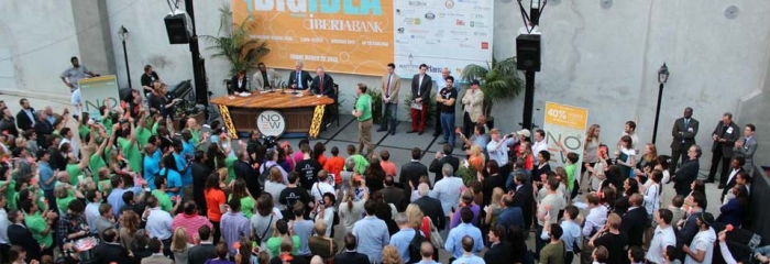 New Orleans Entrepreneur Week culminates with The Big Idea, where entrepreneurs pitch their ventures to the audience, who then invest in their favorite companies by allocating the voting chips they purchased with their tickets. Credit: The Idea Village.