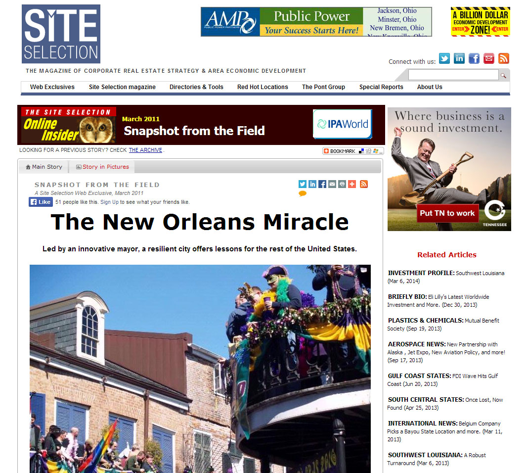 After one of its reporters went on a familiarization tour of the region, Site Selection magazine covered New Orleans' revival. Credit: Site Selection.