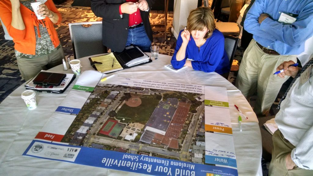 Workshop participants work in teams to meet a hypothetical community's critical needs in the immediate aftermath of a disaster, part of the Neighborhood Empowerment Network's Resilientville exercise.