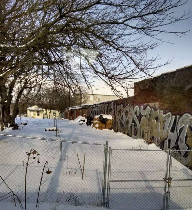 A commercial garden in the Portland neighborhood, in West Louisville. The winter storm that hit prior to the workshop did not dampen the energy or spirit of the participants, who came from across the country to discuss local and regional food efforts.