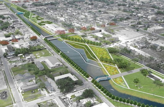A vision for the future Lafitte Blueway, a pilot project included in the New Orleans Ubran Water Plan. The blueway would revitalize neighborhoods along the canal and provide added flood protection and new recreation areas. Credit: GNO, Inc.