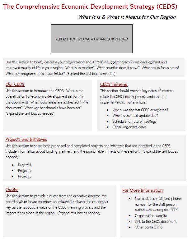 This document is a customizable template that can be edited to feature your region's specific information, including CEDS project examples, the planning and implementation timeline, and staff contact information