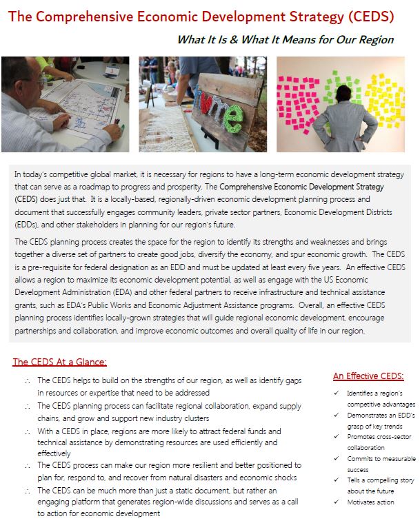 This document is a concise overview of what the CEDS is, how it can drive regional economic development, and key characteristics of an effective CEDS.