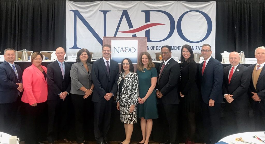2016-2017 NADO Executive Committee, EDA Leadership, and NADO Executive Director at the ATC, left to right: Joe McKinney, Executive Director, NADO; Misty Casto, Buckeye Hills Regional Council (OH); Kevin Byrd, New River Valley Regional Commission (VA); Linda Cruz-Carnall, EDA Philadelphia; Dennis Alvord, EDA Deputy Assistant Secretary for Regional Affairs; Jeannette Tamayo, EDA Chicago; Angela Belden Martinez, EDA Denver; Leonard Smith, EDA Seattle; Lynne Keller Forbes, South Eastern COG (SD); Doug Elliott, East Central Iowa COG; Scott Koons, North Central Florida RPC; and Jeff Kiely, Northwest New Mexico COG