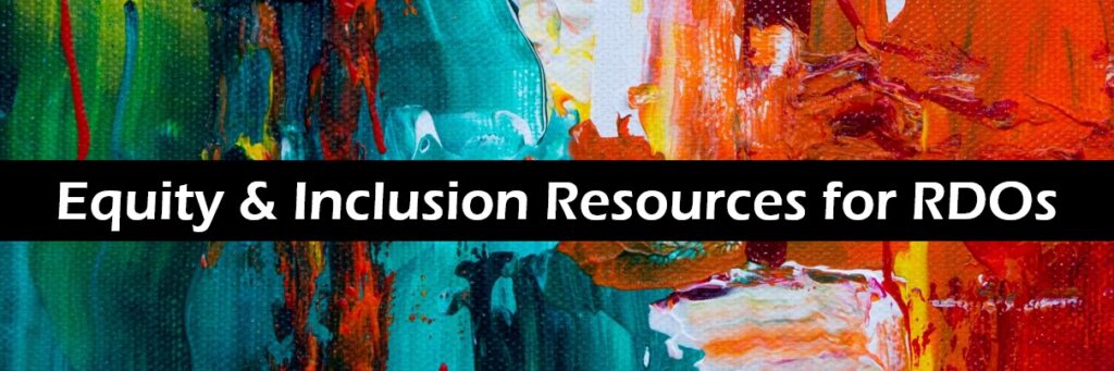 Paint swirls overlaid with the text "Equity and inclusion resources for regional development organizations"