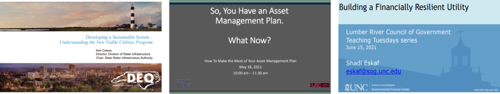 Teaching Tuesdays was a series of webinars organized with the purpose of educating key regional stakeholders and elected officials about North Carolina’s new Viable Utilities Program, funding opportunities, asset management strategies, and tools for building a financially resilient system.