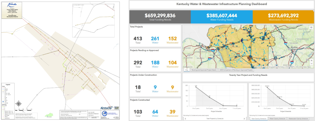 (Left):  An image of a small sewer utility in Trenton, KY (pop. 400) mapped by PADD (Right): Dashboard image showing a map with proposed project points and the funding needing for projects in the PADD area (Photo credit: PADD) 