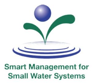 Logo of a drop of water splashing and text Smart Management for Small Water Systems
