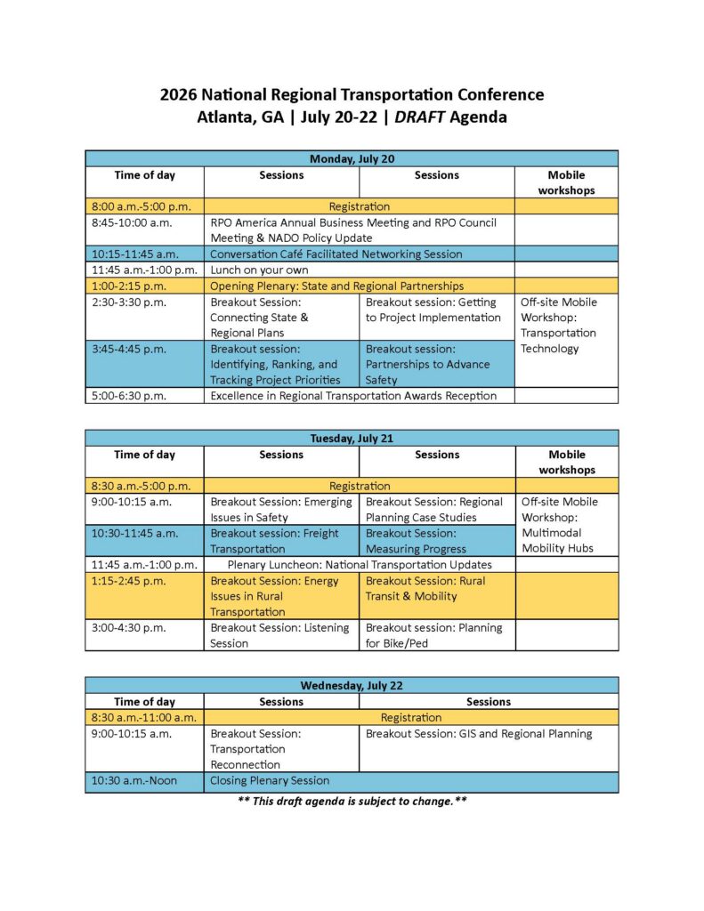 The draft agenda shows sessions covering a range of rural and small metro transportation issues and planning practices occurring on all day on Monday, July 20, and Tuesday, July 21, and in the morning on Wednesday, July 22.