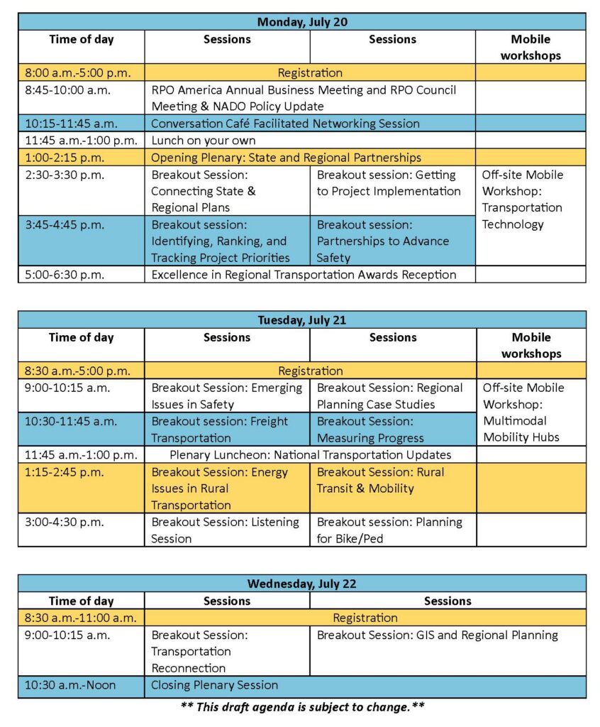 The draft agenda shows sessions covering a range of rural and small metro transportation issues and planning practices occurring on all day on Monday, July 20, and Tuesday, July 21, and in the morning on Wednesday, July 22.